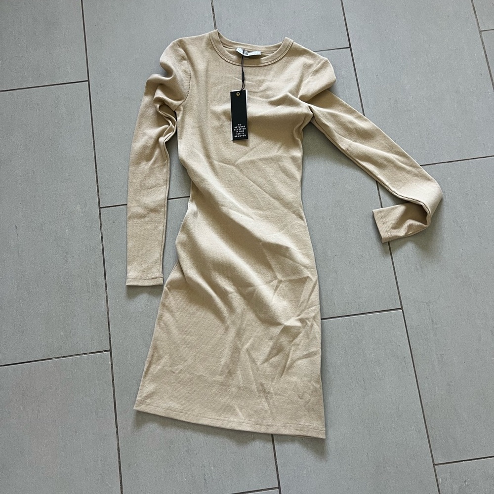 Long Sleeve Ribbed Knit Dress in Beige
